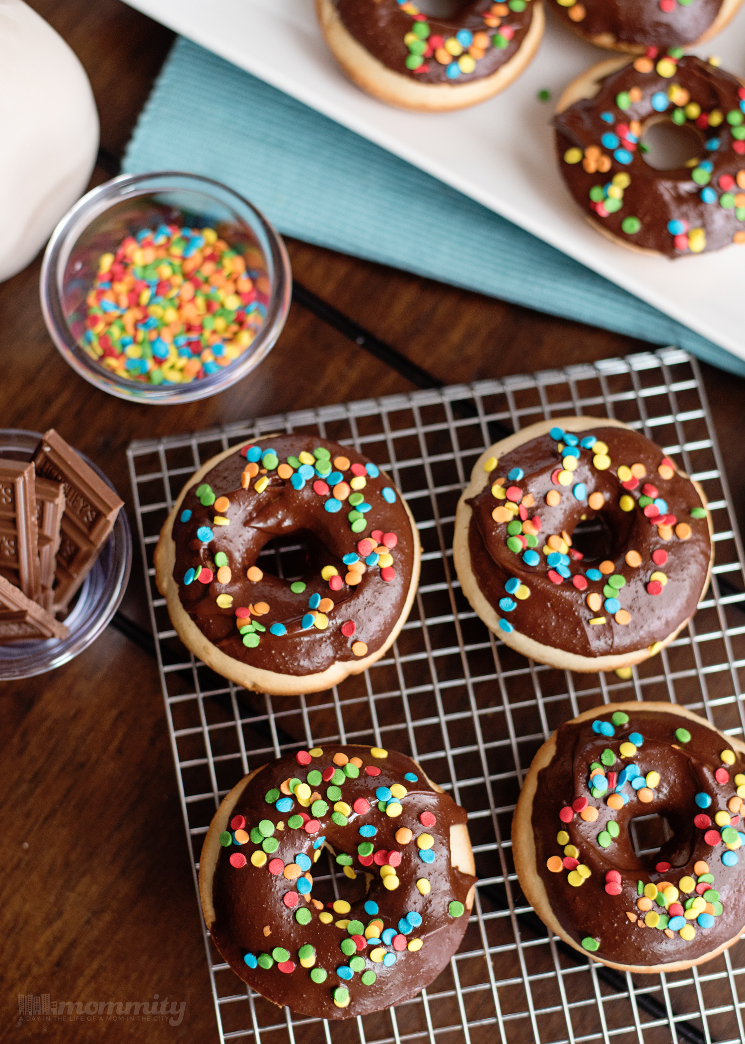 Beautifully Baked Donuts with a Chocolate Frosting Glaze and Sprinkles